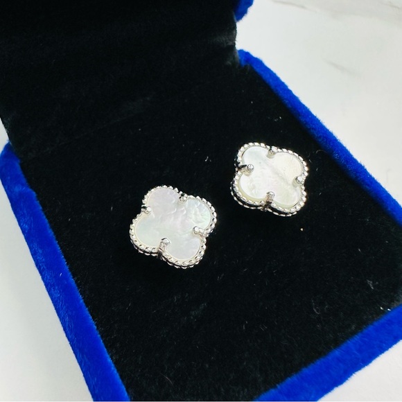 Jewelry - Elegant Small 925 Sterling Silver Mother of Pearl Alhambra-Style Earrings